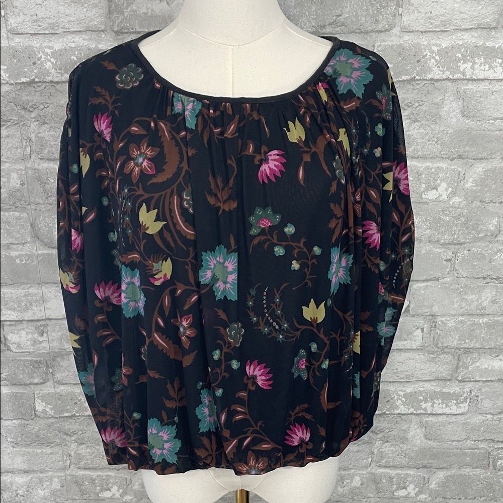 Free People Black Wildflower Floral Short Sleeve Mesh Blouse